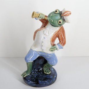 Majolica Pottery Frog Playing Horn Figure Multi Color 10" Tall Frog